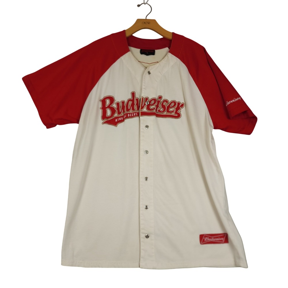 Budweiser King of Beers Baseball‎ Jersey Red White Jansport XL Snap Button